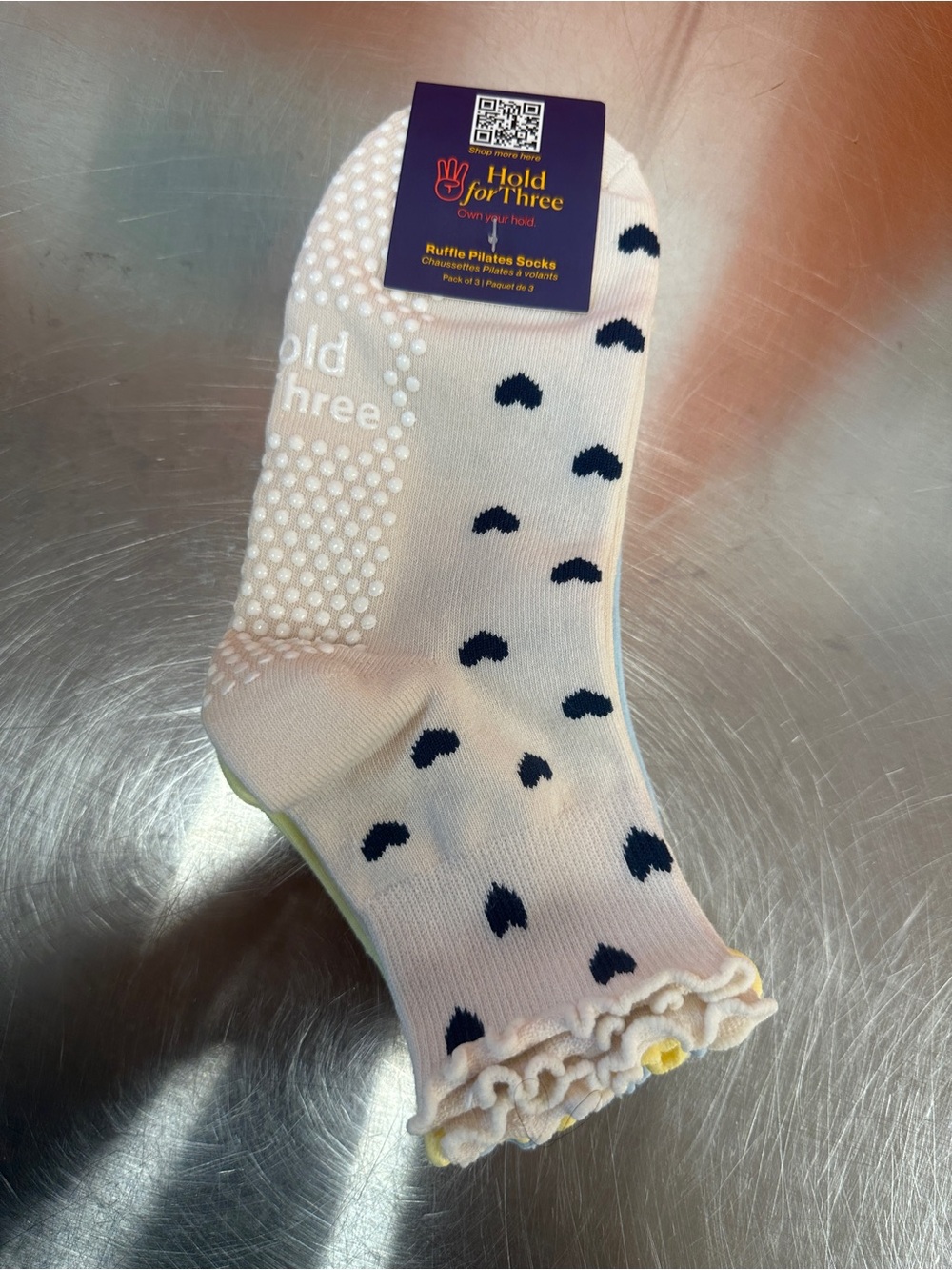 NWT Hold For Three Grip Sock 3-Pack - Lemon, Cotton Candy & Cream Navy Hearts